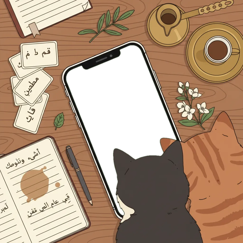Cozy Beirut café illustration with cats studying Arabic